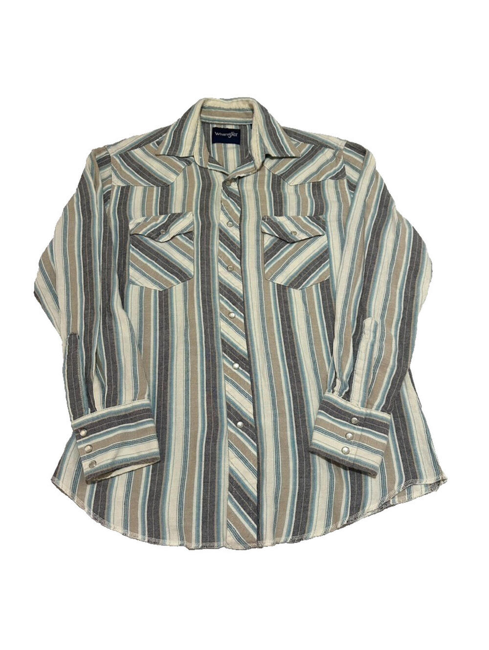 Vintage Wrangler Western Shirt Men Medium Pearl Snap Striped Long Sleeve Brown